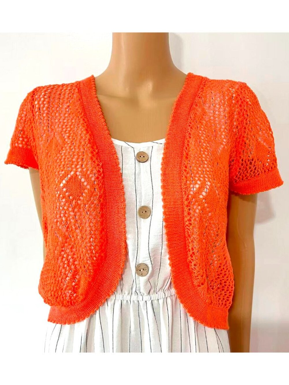 Women Summer Crochet Short Sleeve Shoulder Shrug - One Size, Orange